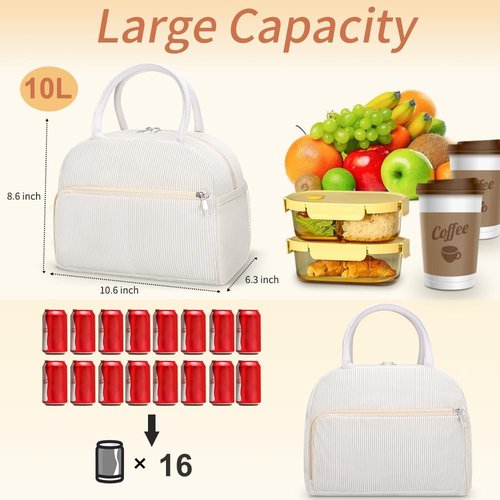 Coobiiya Corduroy Lunch Bag - Insulated Reusable Tote for Work & Travel | Large Capacity Cooler Bag