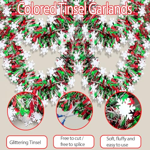 Wuhetyo Red & Green Snowflake Christmas Tinsel Garland 66 Ft Holiday Decor