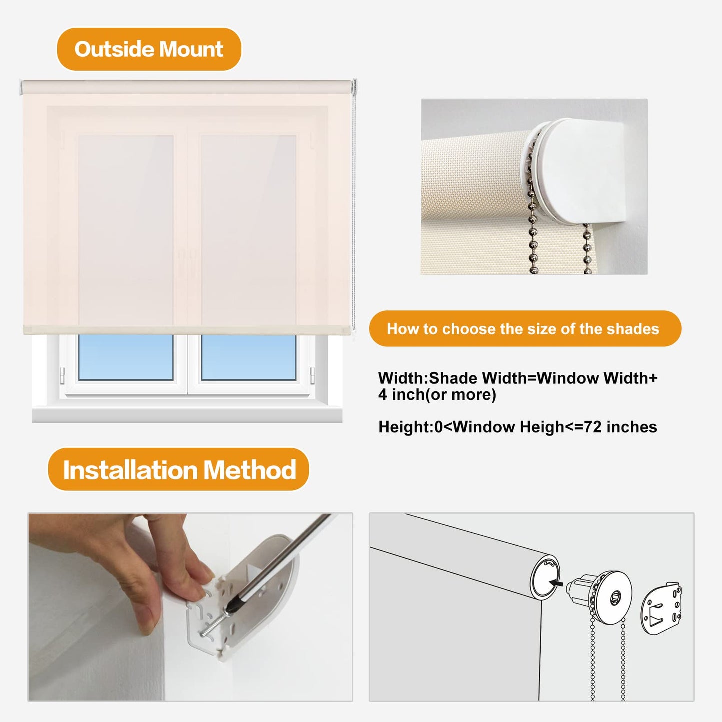 Persilux Solar Window Shades Light Filtering Roller Shades (35" W x 72" H, Beige) Flame Retardant, UV Protection Semi Sheer Blinds for Windows, Office, Easy to Install