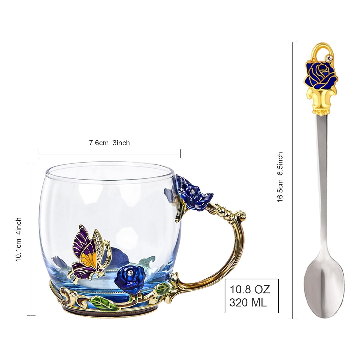AISVELDY Flower Tea Cup,Butterfly Rose Clear Glass Fancy Coffee Mug with Spoon,Gift Box for Her Mom Wife Grandma Girls Women Christmas Birthday Present Idea for Juice,Hot And Cold Drinks Use