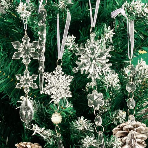 18pcs Christmas Tree Decoration Crystal Ornaments - Hanging Acrylic Christmas Snowflake Icicle Drop Crystal Ornaments for Xmas Tree Winter New Year Party Supplies
