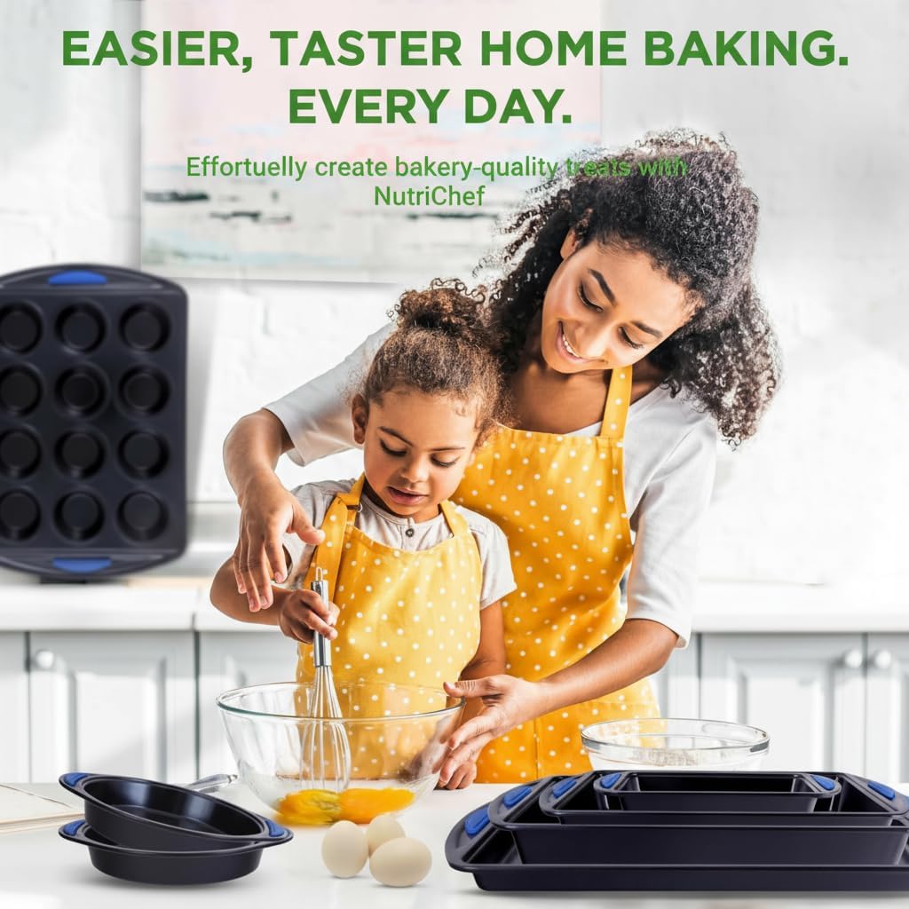 NutriChef 10-Piece Nonstick Bakeware Set - Heavy-Duty Carbon Steel Trays with Silicone Handles | Includes Cookie Sheets, Muffin Pan, Pizza & Loaf Pan, Round & Square Pans - Easy to Clean
