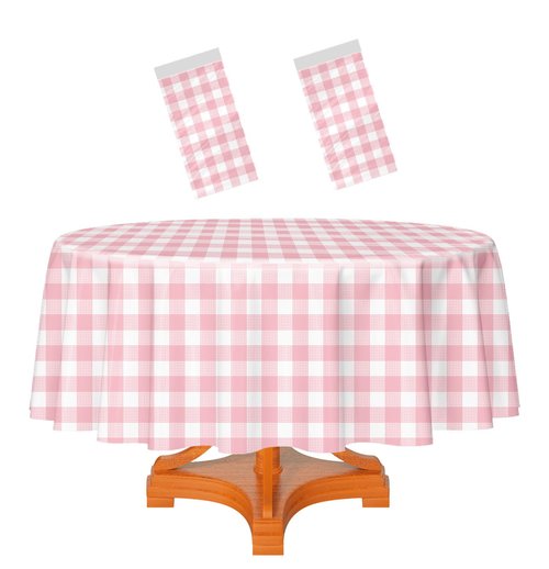 HEIPINIUYE 2 Pack Pink and White Round Checkered Tablecloth 84 × 84 Pink Plaid Table Cover Disposable Tablecloth for Round Tables Party Picnic Camping Birthday Plastic Gingham Table Cloth
