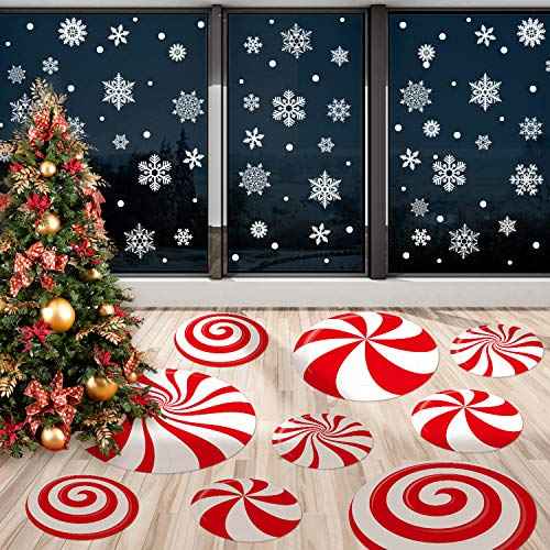 Whaline 108Pcs Christmas Peppermint Floor Decals Candy Snowflake Stickers Xmas Large Candy Wall Decals Winter Assorted Snowflake Stickers Floor Window Clings for Christmas Party Holiday Decor