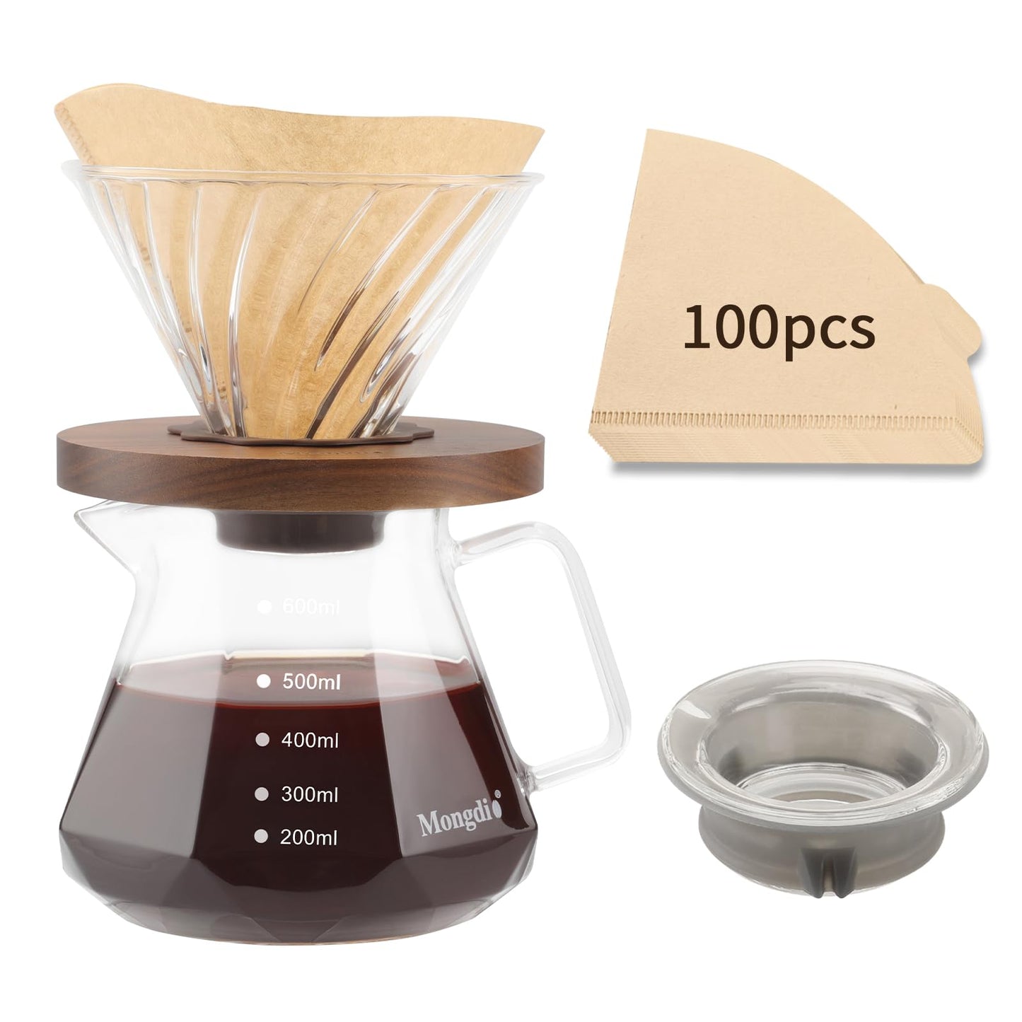Mongdio Pour Over Coffee Maker, 20 oz High-Heat Borosilicate Glass Coffee Maker with 100pcs Paper Filters, 5 in 1 Drip Coffee Maker Set for Home Café Restaurant and Camping - 600ml, Clear