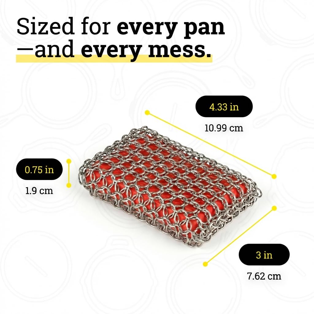 Lodge Chainmail Scrubber for Cast Iron Pans - Heavy Duty Stainless Steel Scrubbing Pad for Skillets, Dutch Ovens & Griddle Pans - Essential Cast Iron Cleaning Tool - Red