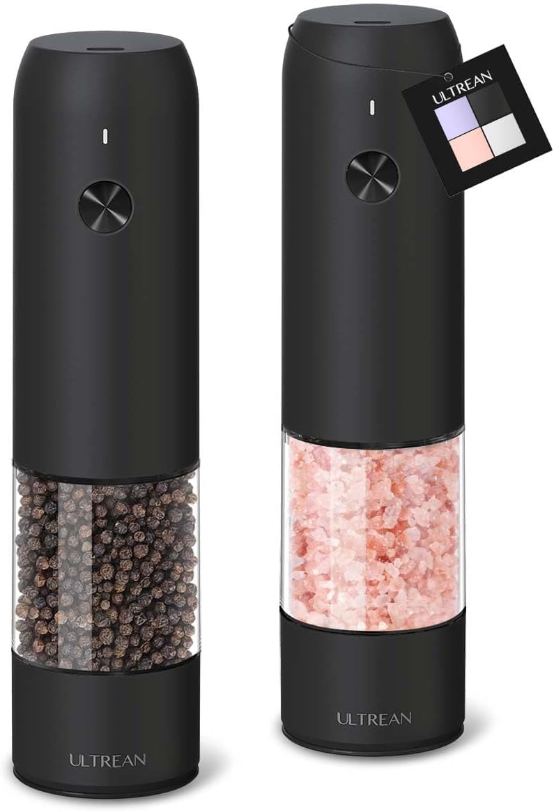 Ultrean Rechargeable Pepper Grinder - Automatic Salt & Pepper Mill with LED Light & 6 Coarseness Settings | Black