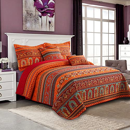 VAPUTAR Boho Striped Red/Orange King Quilt Bedding Set 98x106 inches