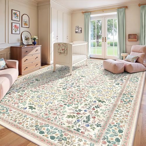 A-Pink Floral Area Rug 8x10 ft - Machine Washable Low Pile Boho Rug with Non-Slip Backing for Living Room & Bedroom