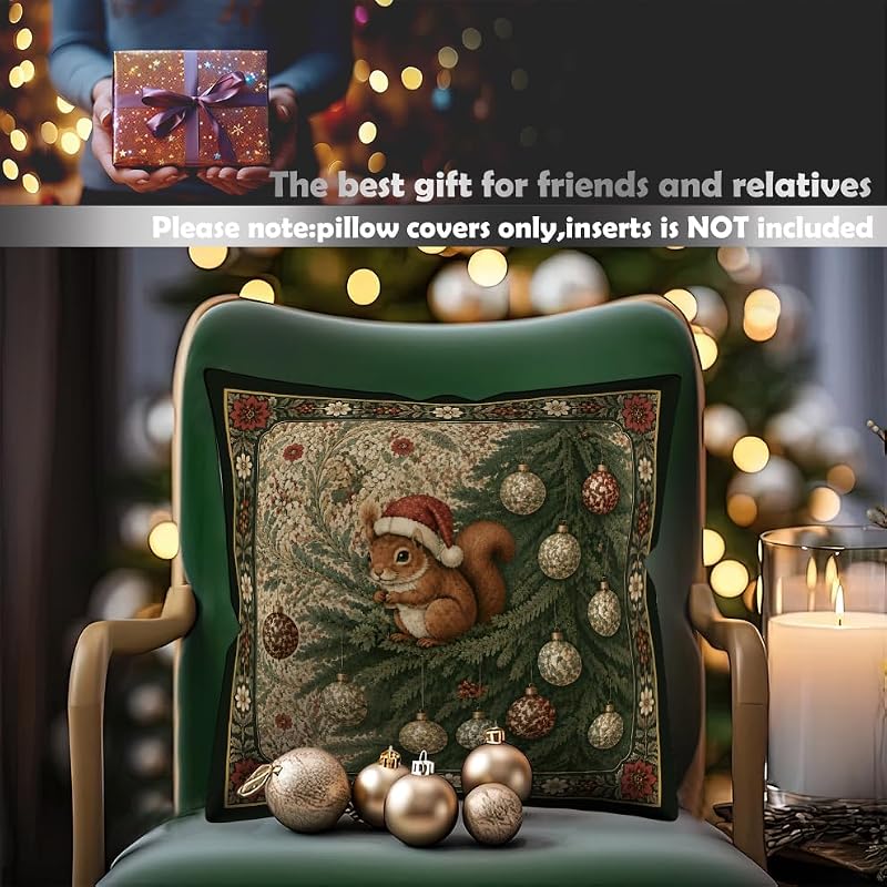 DAYOUER Christmas Tree William Morris Style Squirrel Pillow Cover 18x18 Multicolor