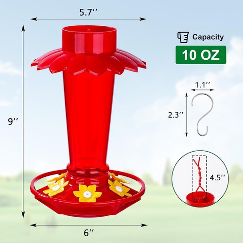 Fchstaer Hummingbird Feeders - 10 Oz Red Outdoor Hanging Feeders with 6 Ports & Ant Moat | 2 Pack