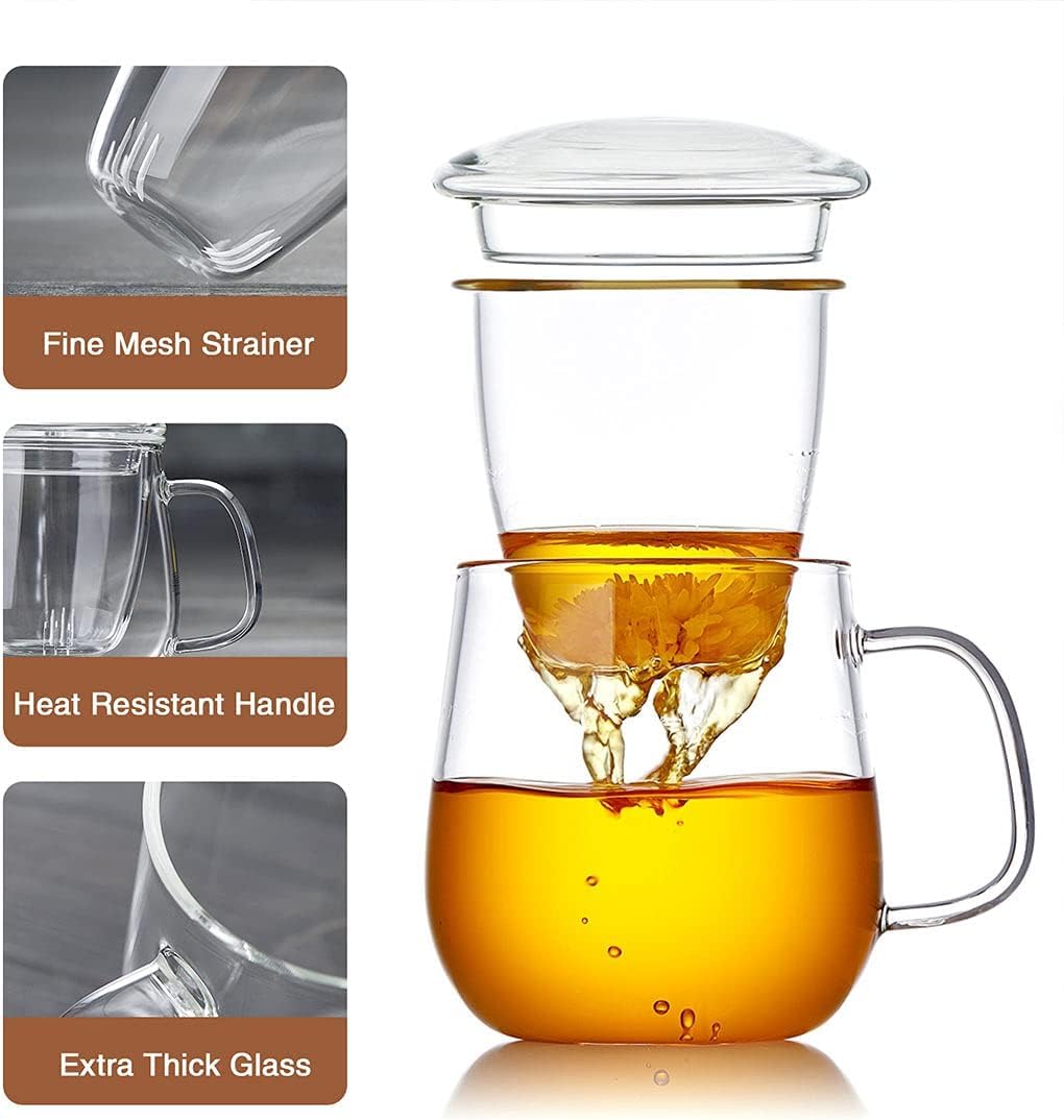 DOPUDO Glass Teacups 2 Pack Glass Tea Cup with Infuser and Lid, 17.6oz/520ml Large Borosilicate Teacup,Tea Clear Mug Cup for Loose Leaf Blooming Tea, Microwave & Dishwasher Safe.