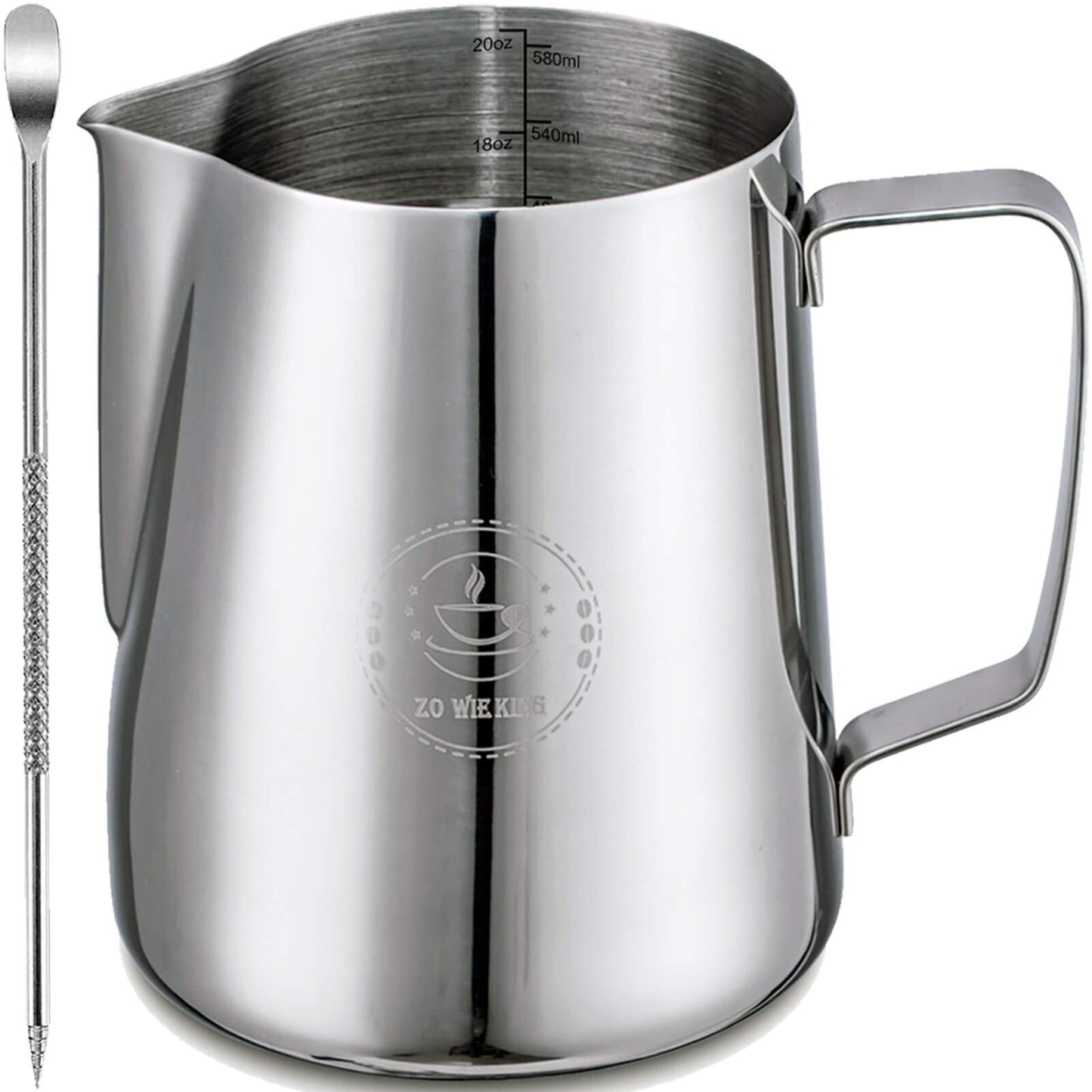 Milk Frothing Pitcher 20oz,Espresso Steaming Pitchers 600ml,Espresso Machine Accessories,Milk Frother cup 20 Oz, Coffee Cappuccino Latte Art,Stainless Steel Jug Cup with Decorating Art Pen
