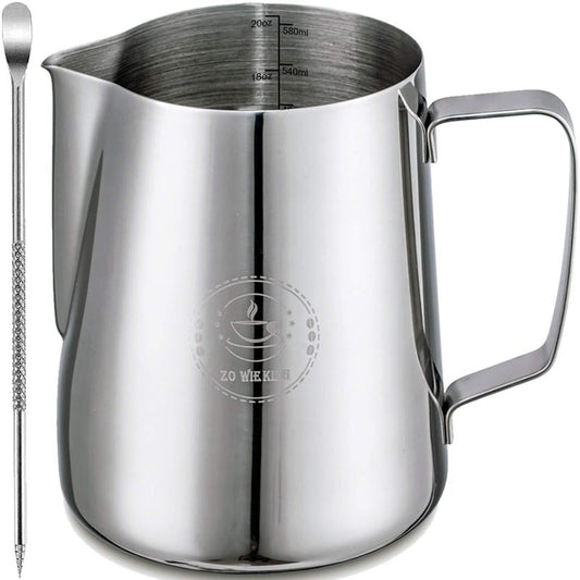 Milk Frothing Pitcher 20oz,Espresso Steaming Pitchers 600ml,Espresso Machine Accessories,Milk Frother cup 20 Oz, Coffee Cappuccino Latte Art,Stainless Steel Jug Cup with Decorating Art Pen