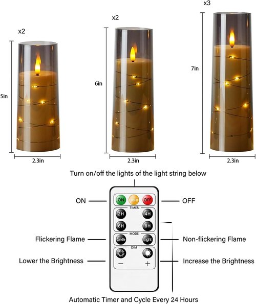 Eebuss Flameless Candles - Battery Operated LED Pillar Candles with Timer & Remote | Set of 7 Grey