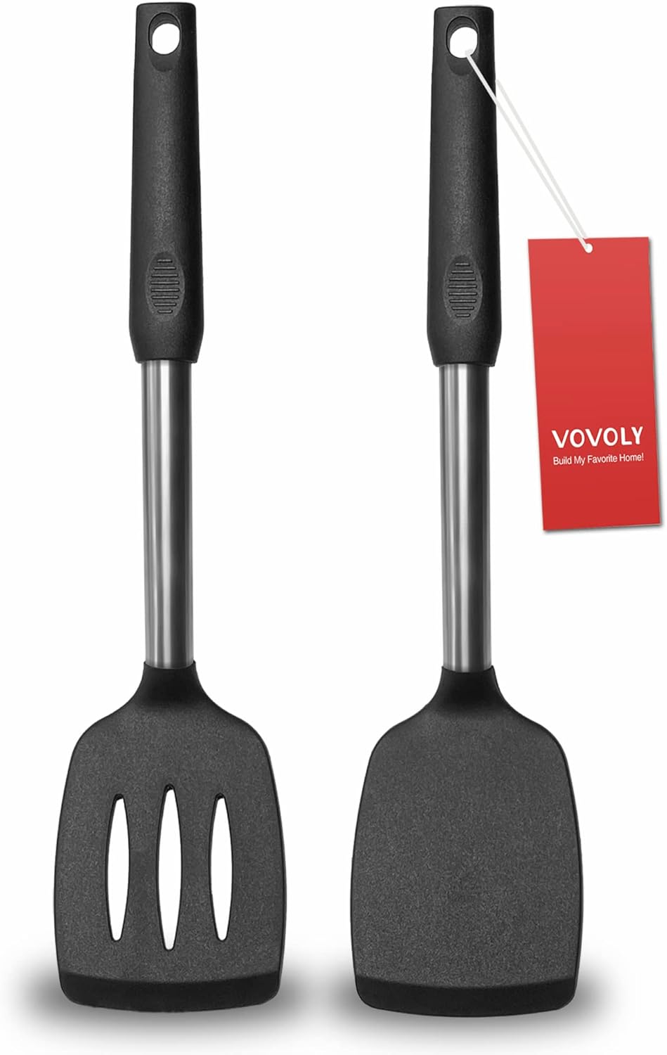 Skiennix Silicone Spatula Set - 2 Pack Solid & Slotted Turners with Stainless Steel Handles | Heat Resistant, Non-Stick, Black