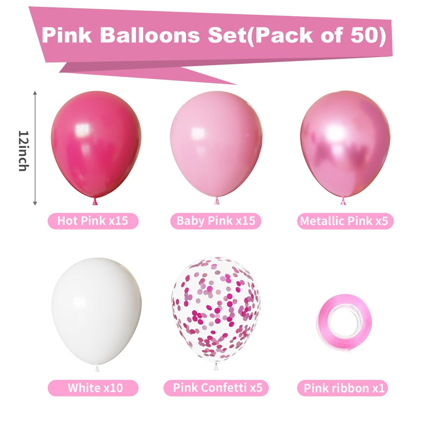 Pink and White Balloons Kit, 50pcs 12 Inch Light Pink Latex Balloon Pink Confetti Balloons for Birthday Wedding Baby Shower Party Decorations