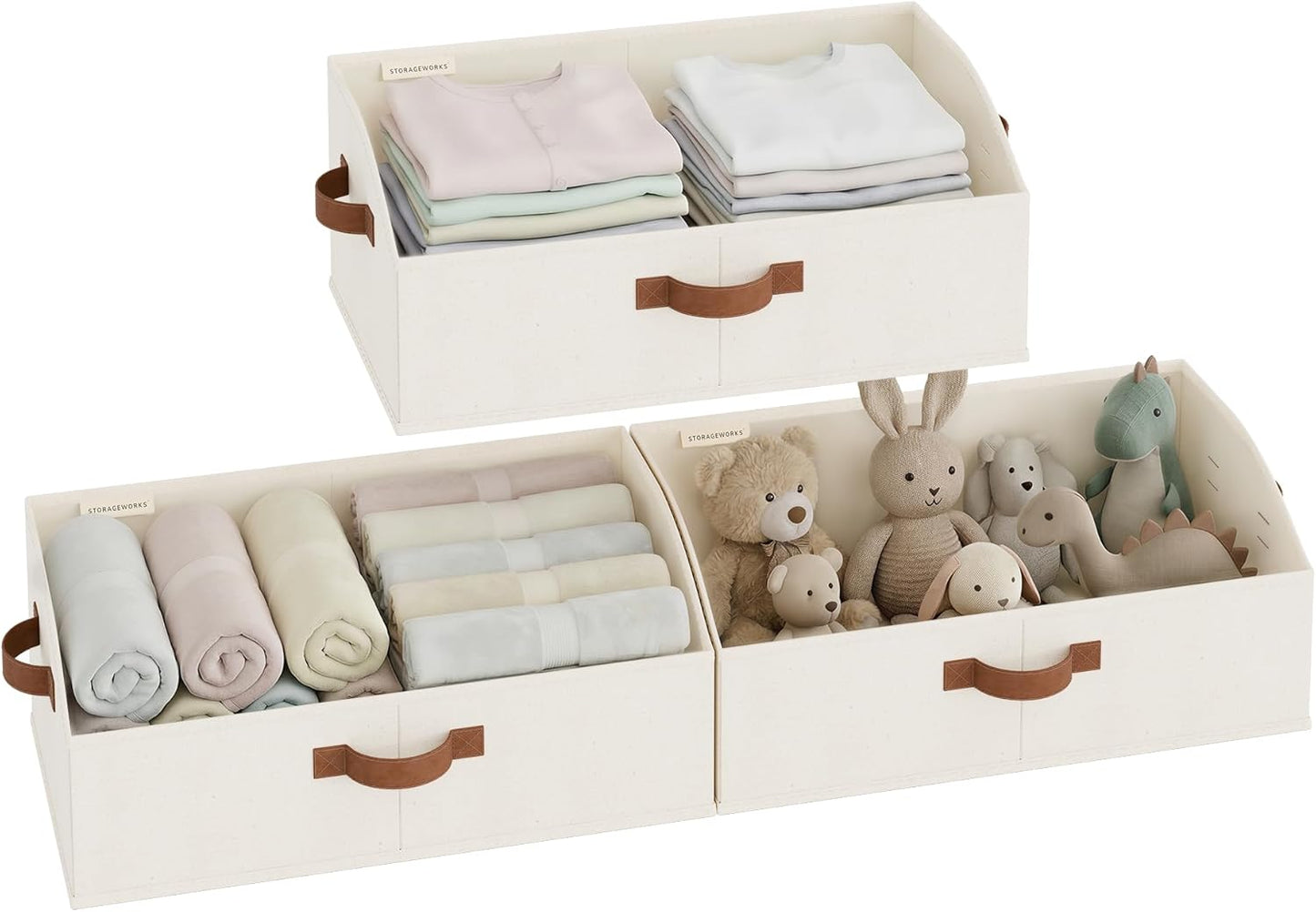 StorageWorks Trapezoid Storage Bins - Large Ivory White Fabric Closet Organizers | 3-Pack for Toys & Towels