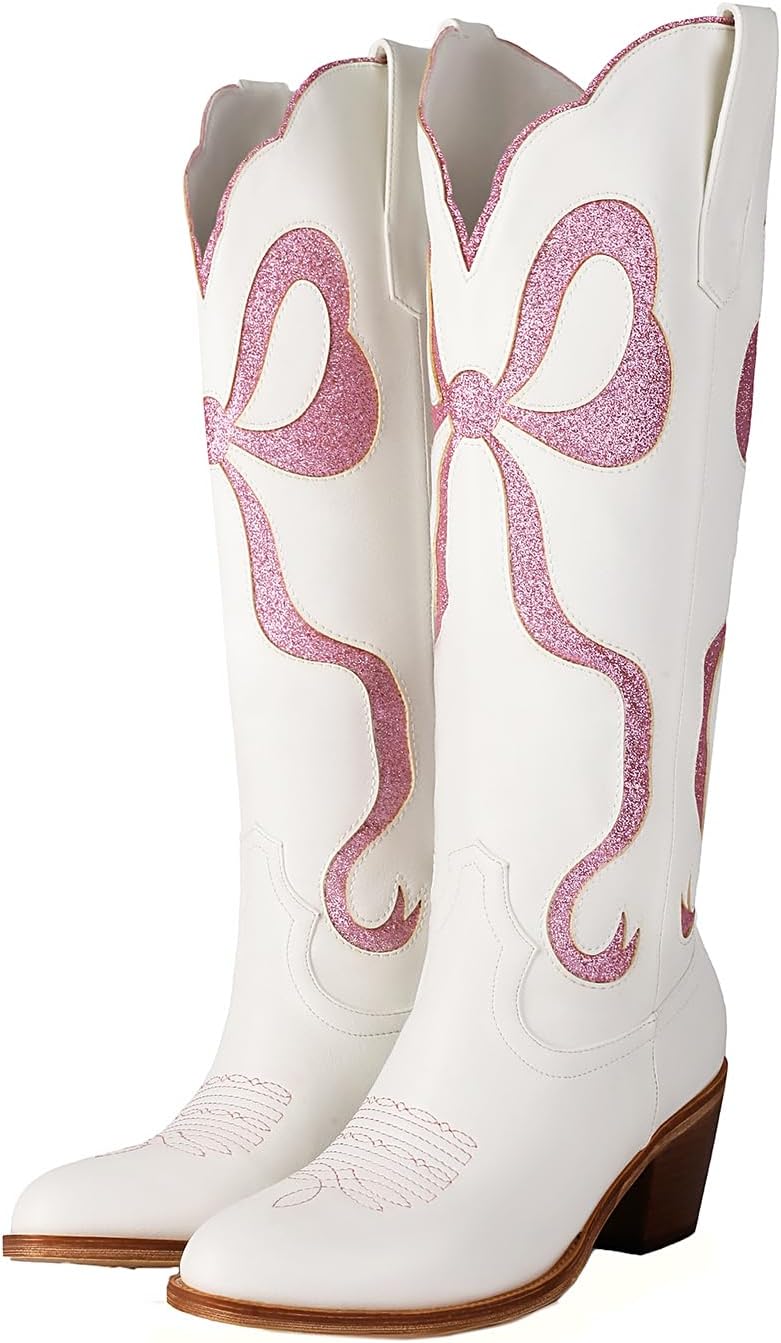 Skiennix Women's White Cowgirl Boots - Knee High Chunky Heel with Bow & Embroidery