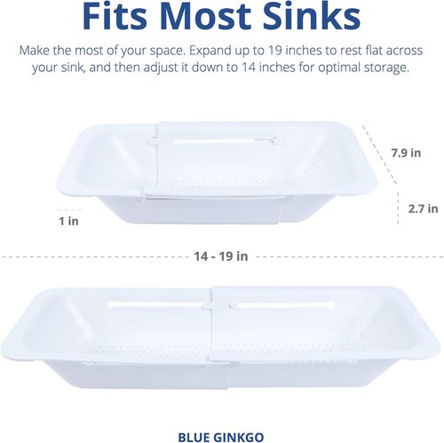 BLUE GINKGO Over The Sink Colander Strainer Basket - Extendable Design for Washing Vegetables & Draining Pasta - White, 2 Pack