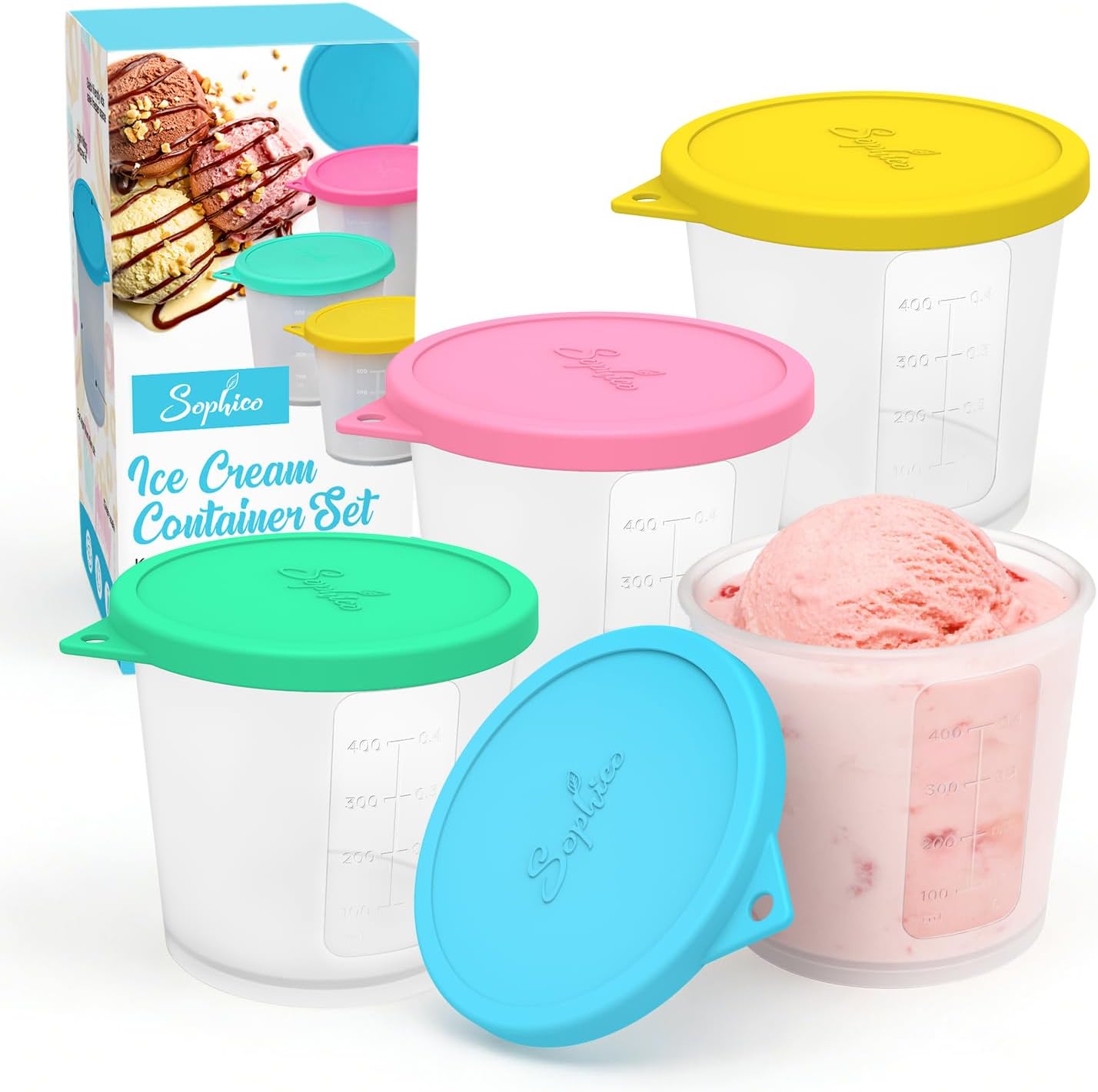 SOPHICO Ice Cream Pint Containers - Airtight Freezer Storage Tubs with Silicone Lids | Medium, 4 Pack
