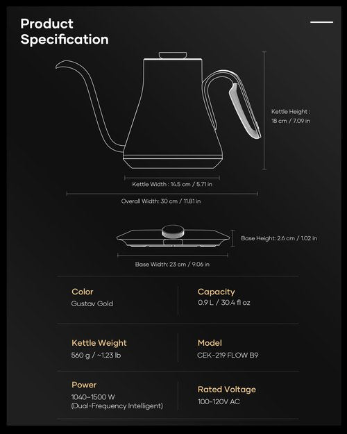 Cocinare Barista Collection Gooseneck Electric Kettle, ±1℉ Precise Temperature Control for Pour-Over Coffee & Tea, Quick Heating 1500W, Stainless Steel Interior, 0.9L (Gustav Gold)