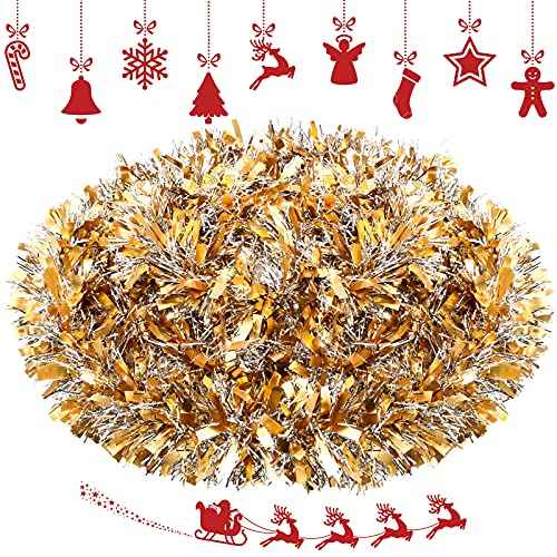 Geosar 26.2 Feet Christmas Tinsel Garland Decoration Metallic Tinsel Twist Garland Halloween Christmas Tree Artificial Hanging Ornament for Birthday Party Decoration(Light Gold, Silver)