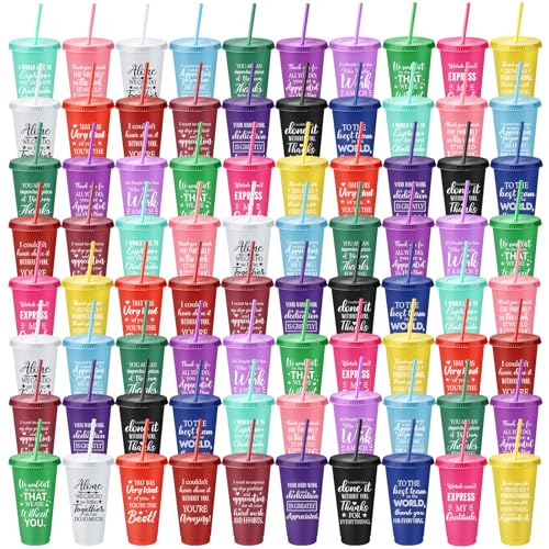 Cute Style 80 Pcs Thank You Gifts Bulk 24 oz Plastic Tumblers with Lids & Straws