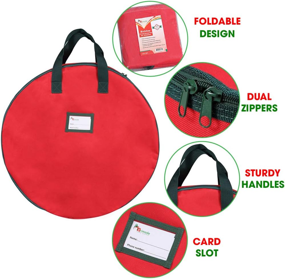 Primode Christmas Wreath Storage Bag - Heavy Duty 24" Container with Handles - Durable 600D Oxford Polyester (Red)