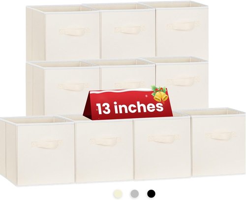 Criusia Large Storage Cubes - 13-Inch Collapsible Bins with Handles for Organizing Clothes, Blankets & Toys | 10-Pack Beige