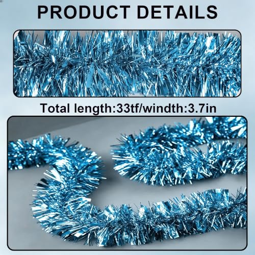 Light Blue 33ft Christmas Tinsel Garland - Shiny Metallic Twist Decor for Indoor/Outdoor