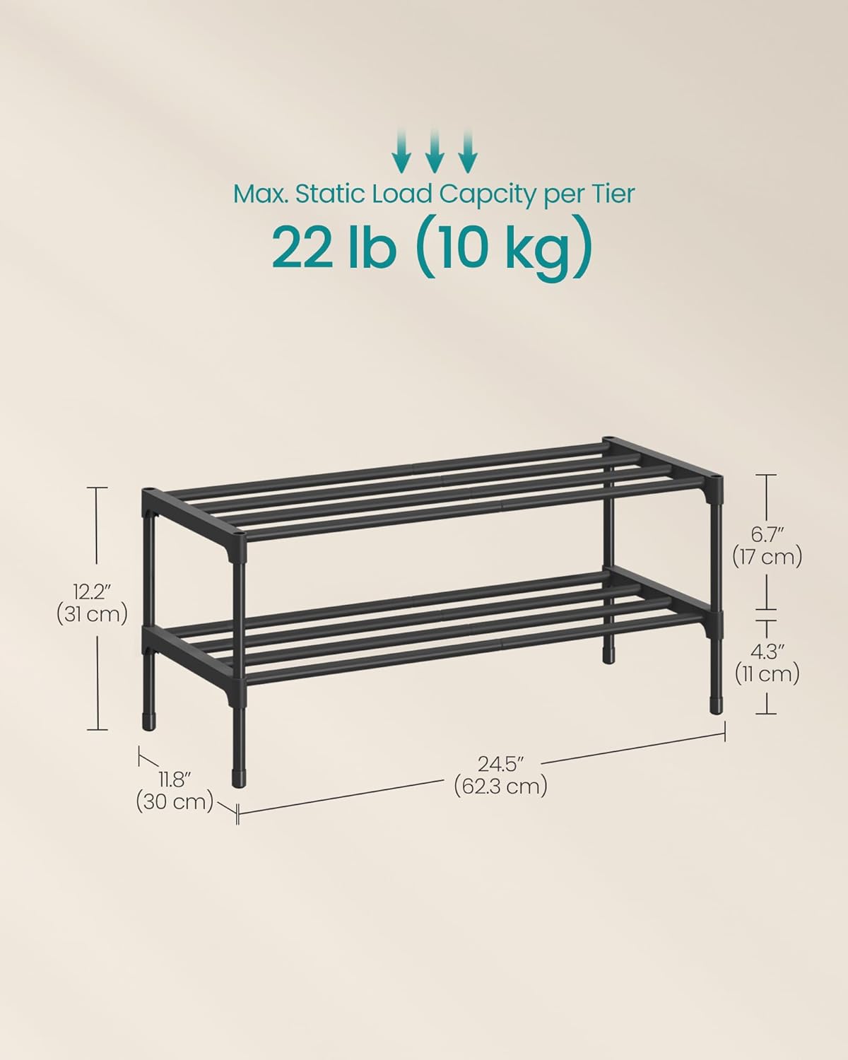 SONGMICS 2-Tier Shoe Rack - Compact Metal Shoe Organizer for Small Spaces | Stackable, Black, 11.8 x 24.5 x 12.2 Inches