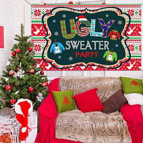 Blulu Ugly Sweater Party Supplies Large Fabric Red and Green Ugly Xmas Sweater Party Backdrop for Christmas Decoration Winter Elfed Photo Booth Background Banner