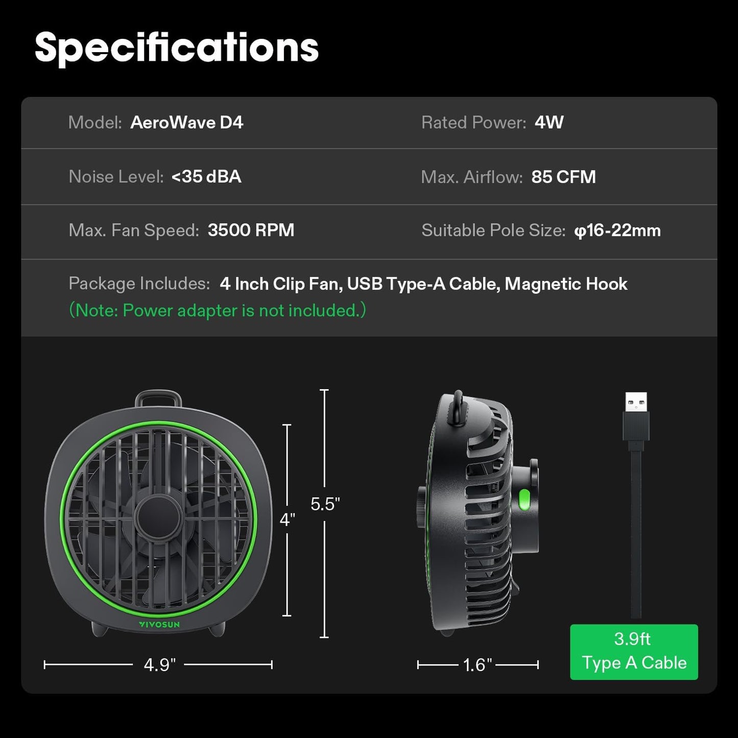 VIVOSUN AeroWave D4 Clip Fan - 4” Hydroponics Fan with 3-Speed Quiet Airflow & Adjustable Angle | Black