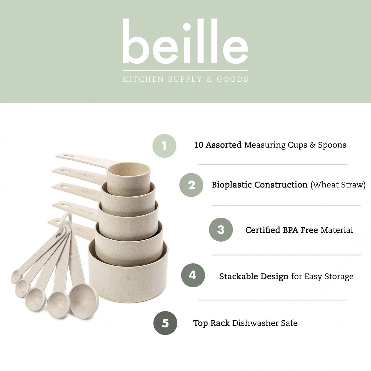 Beille Cream Wheat Straw Measuring Cups Spoons Set Cooking Baking Tools 10pc