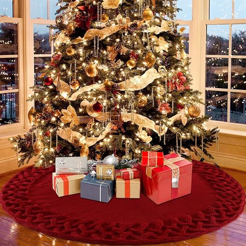 TOCHGREEN Red Knitted Christmas Tree Skirt 36 Inches Chunky Cable Knit Rustic Holiday Decor