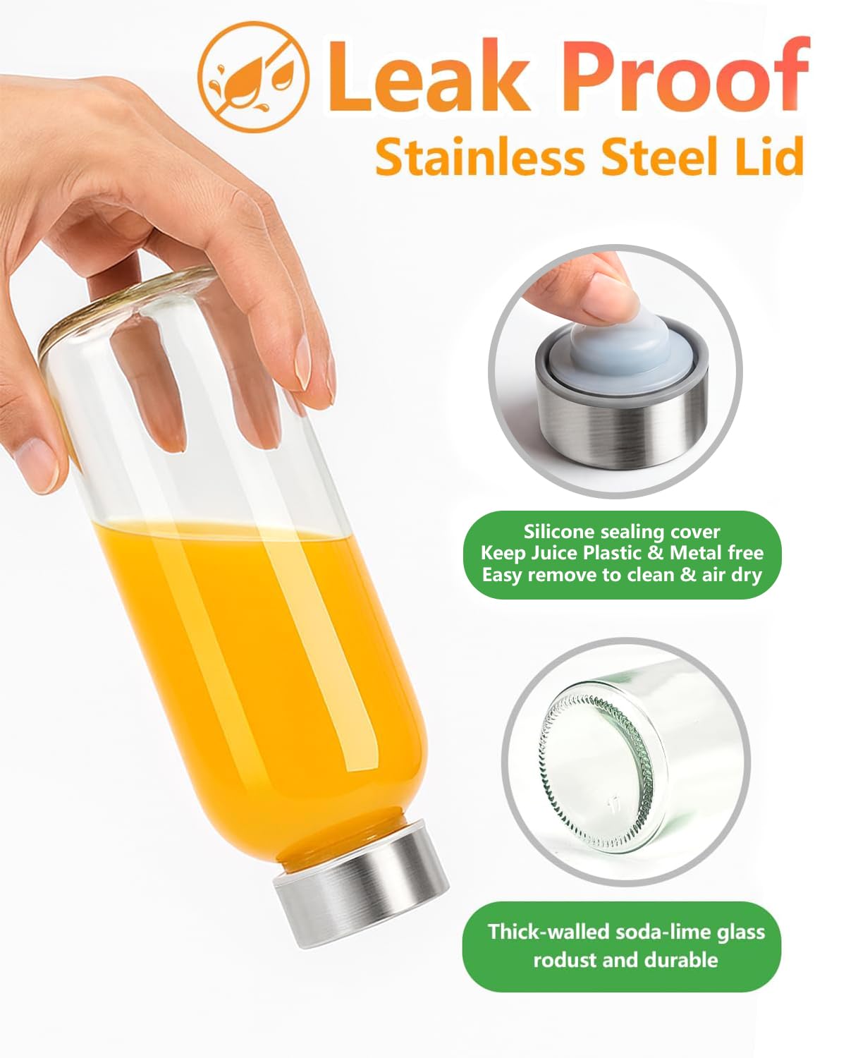 Zukro Glass Water Bottles with Lids & Straw 16 oz, 8 Pack Reusable Juice Bottles With Stainless Steel Cap for Juicing, Leak Proof Clear Smoothie Drinking Jars Beverages Containers, BPA Free