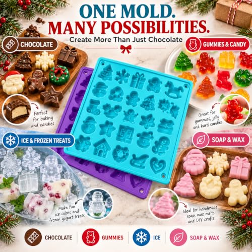 Keliwa 2-Pack Christmas Silicone Chocolate Molds - 25 Holiday Shapes, Food-Grade BPA-Free, Flexible & Reusable