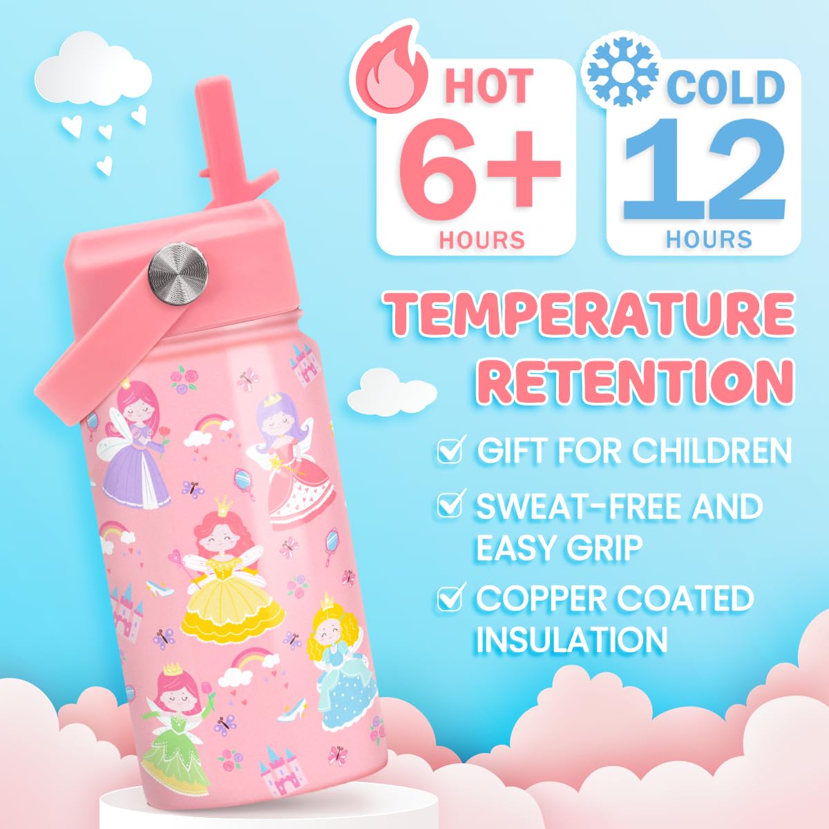 SANDJEST Princess Water Bottle for Girls - Kids Water Bottle with Straw Lid - 12 Oz Insulated Stainless Steel Water Bottles for Kid - Travel Cup for School Sports