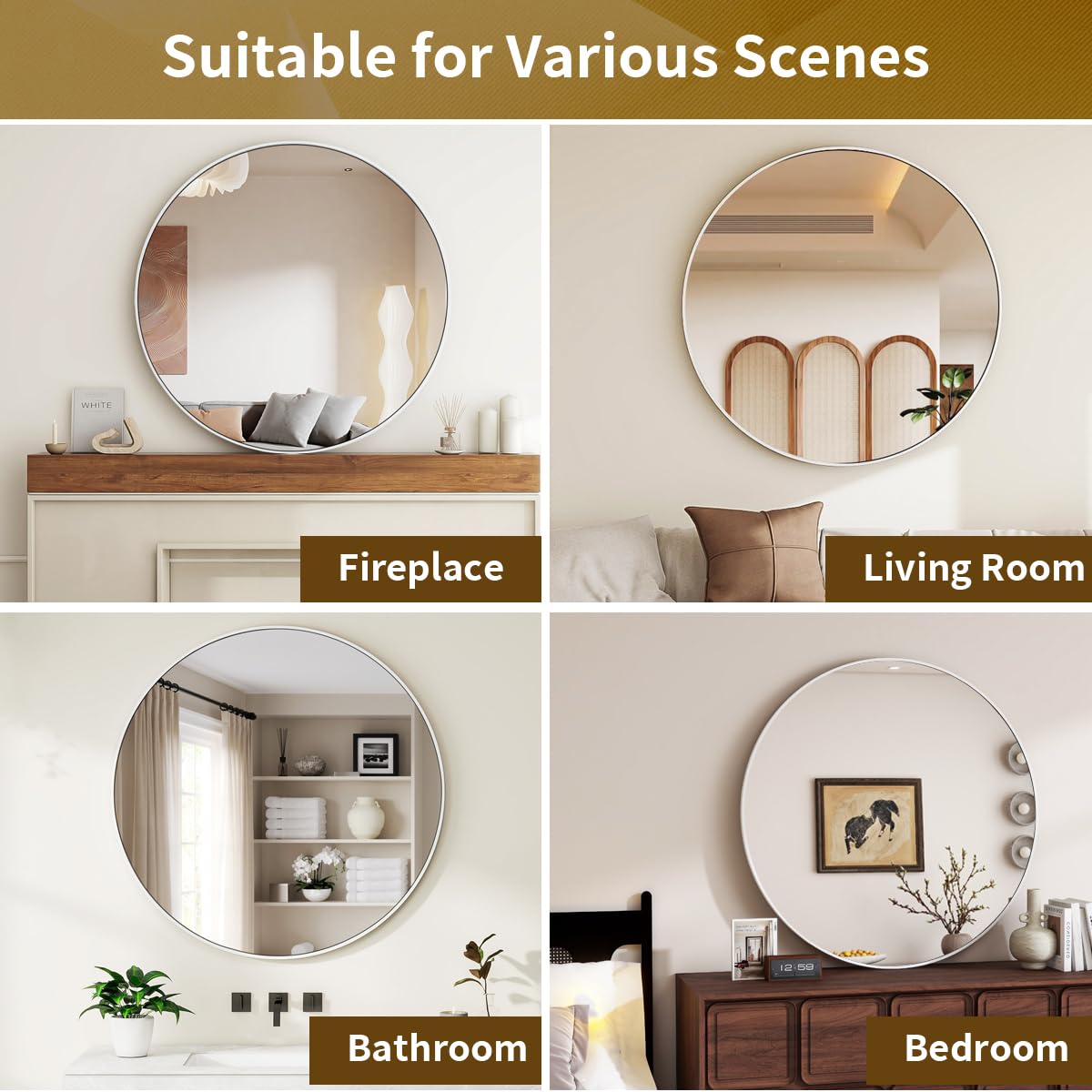 VETROVUE White Round Mirror, 30 Inch Bathroom Mirror with Metal Frame, Wall Wall-Mounted for Entryway, Bathroom, Vanity, Living Room