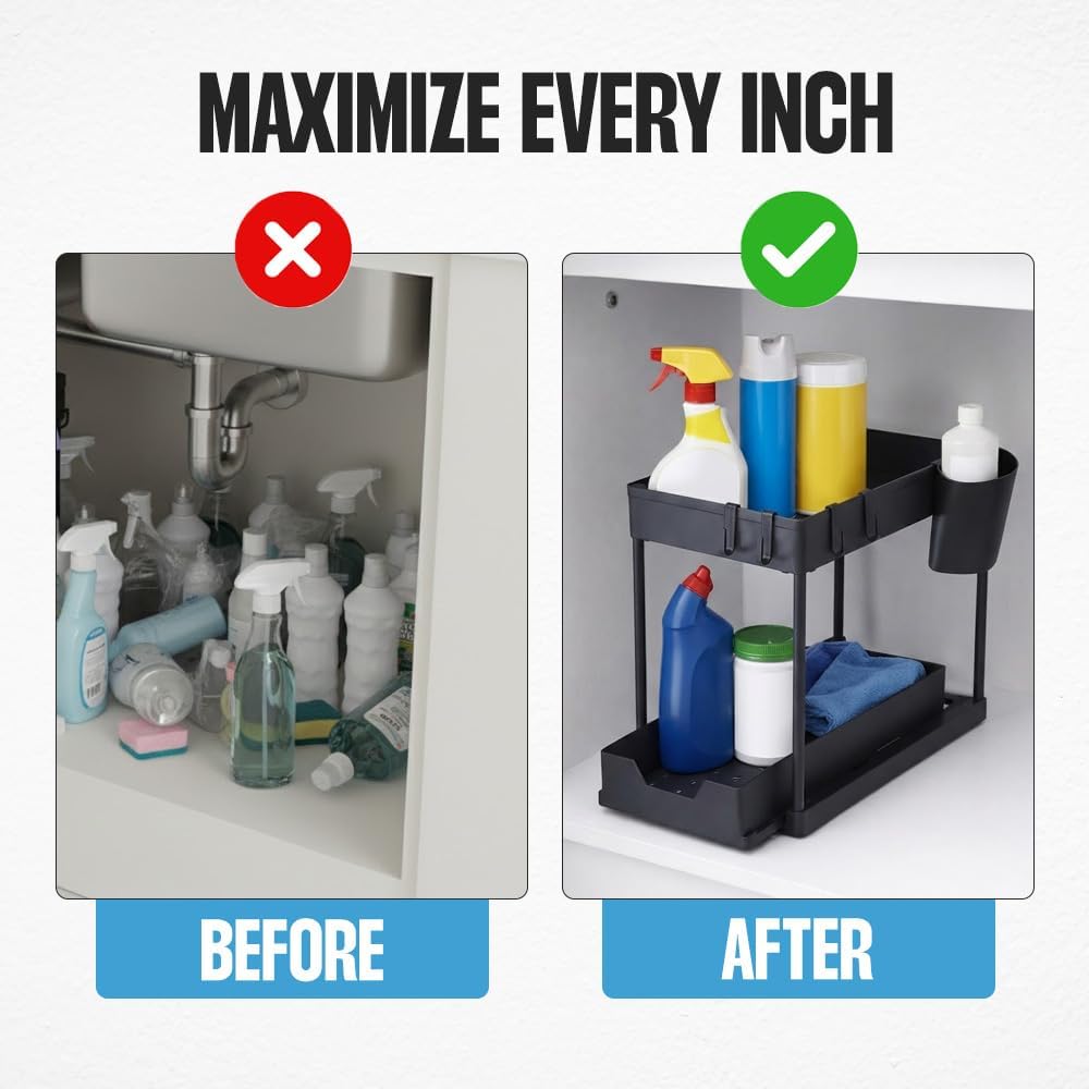 Undersink Organizer - 2-Tier Storage Rack with Sliding Drawers for Kitchen & Bathroom - Black