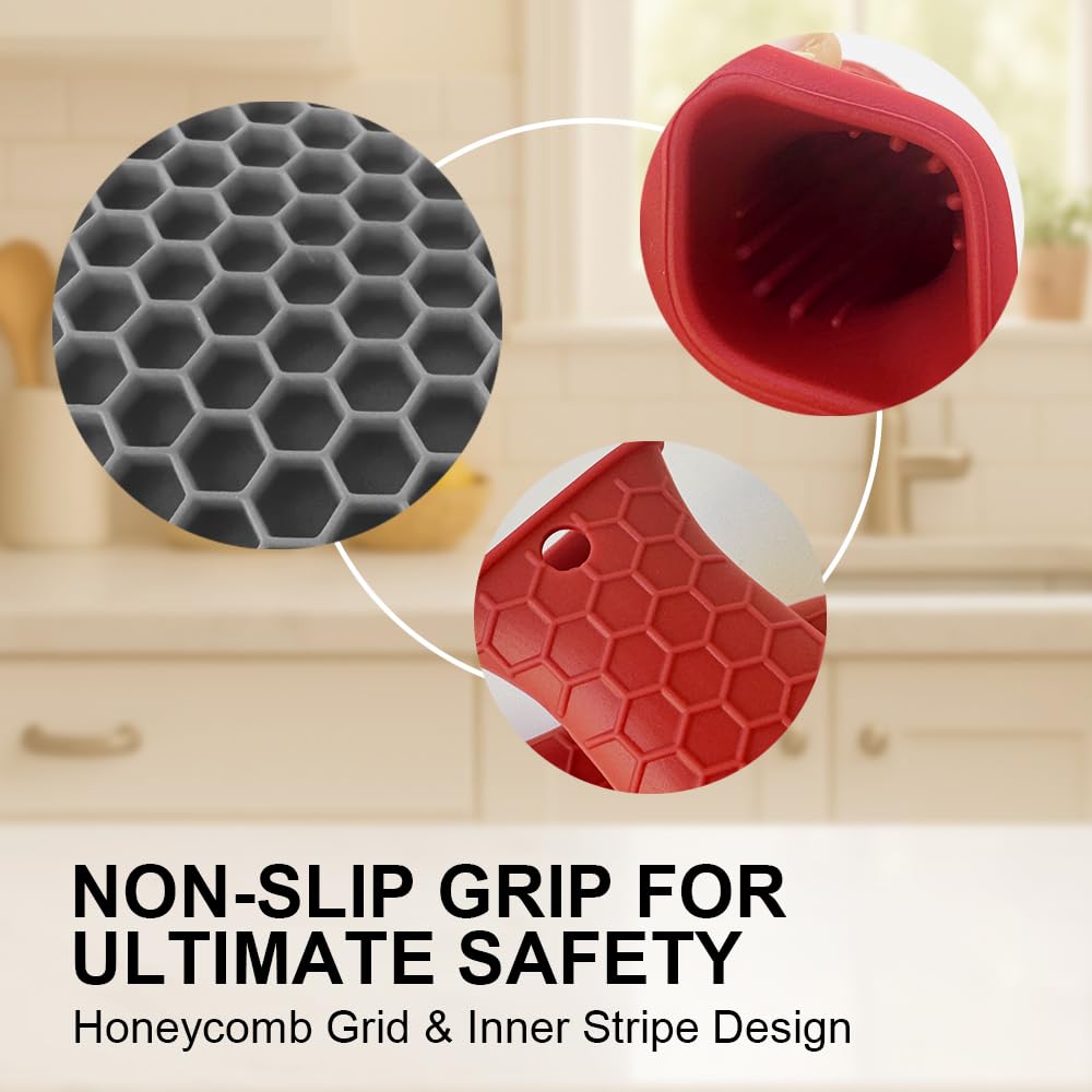 Silicone Handle Cover with Hot Pads for Kitchen - 2 Pack Heat Resistant Handle Covers for Cast Iron Skillets + 2 Multi-Purpose Hot Pads - Non-Slip, Heat-Resistant, with Hanging Holes (Red)