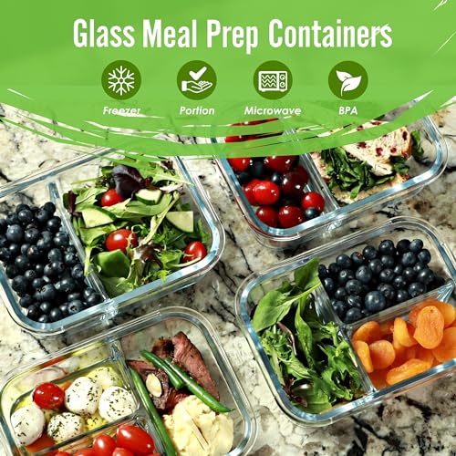 Beige Glass Meal Prep Containers 2 & 3 Compartments Leak-Proof Lids - 32 oz 4 Pack