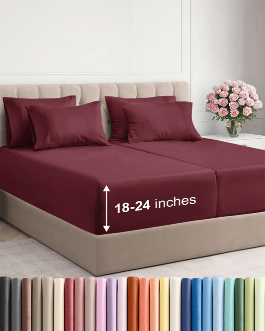 Skiennix Extra Deep Split King Sheet Set - 7 Piece Breathable Cooling Bedding - Soft, Wrinkle-Free - Burgundy