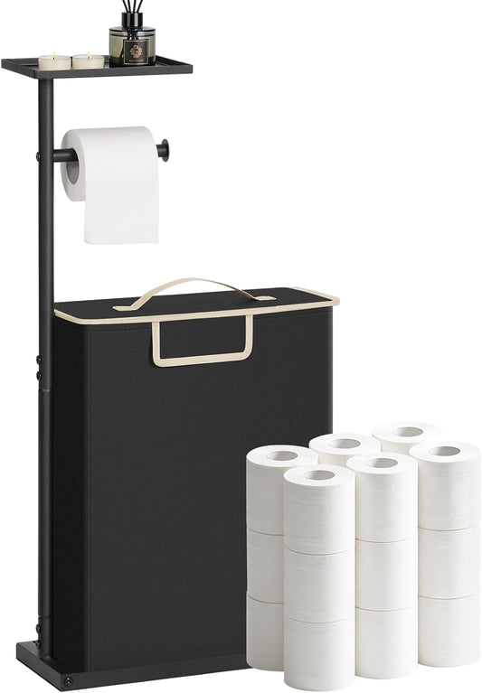 Skiennix 30" H Toilet Paper Holder Stand - Rustproof Free Standing Organizer with Shelf & Basket, Black
