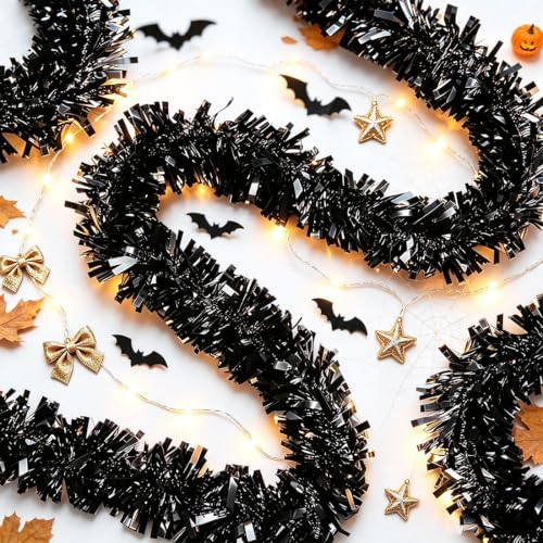 Psoeksdo 33Ft Black Christmas Tinsel Garland Metallic Twist for Indoor Outdoor Decor