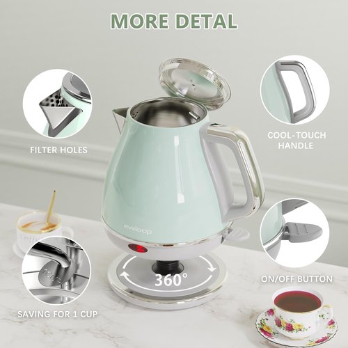 Evoloop Electric Tea Kettle - 1500W 1.0L Stainless Steel Hot Water Boiler | Retro Design, Auto Shut-Off