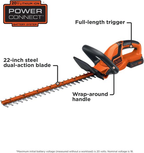 BLACK+DECKER 20V MAX Cordless Hedge Trimmer - 22 Inch Steel Blade, Lightweight Design, Battery Included