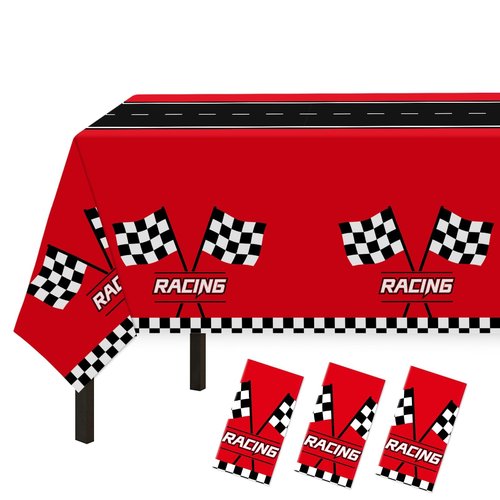 Childom 3Pcs Racing Car Plastic Tablecloth, Race Birthday Party Decorations, 54'' x 108'' Checkered Table Cloth Decor, Favors Rectangular Tablecloth for Boys Baby Shower Home