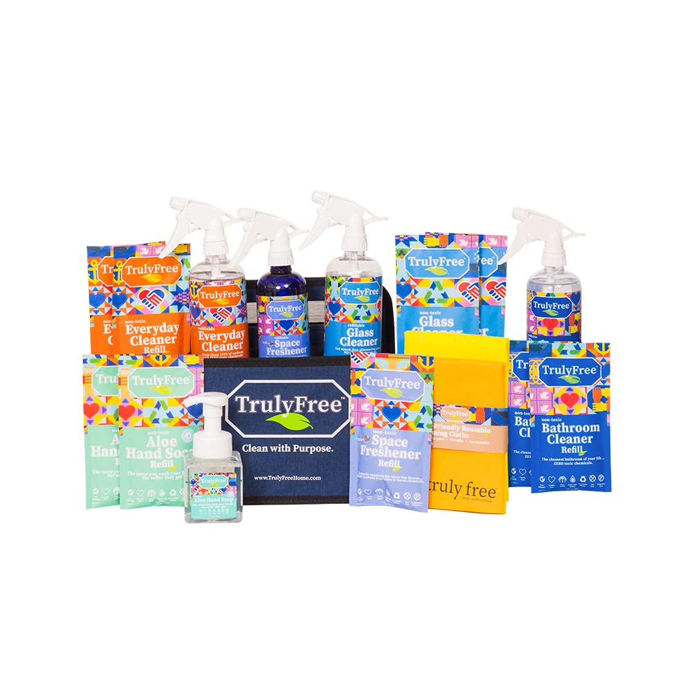Truly Free 7-in-1 Ultimate Multipurpose Cleaning Kit for Home & Bathroom – Includes Bathroom, Glass & Everyday Cleaner, Space Freshener, Cleaning Caddy & Reusable Cleaning Cloths
